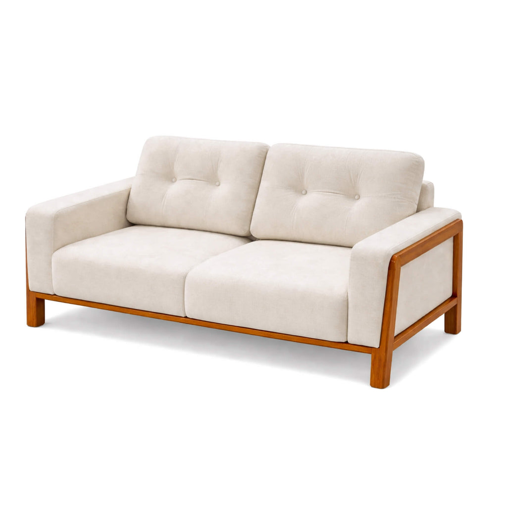 Beige sofa with wooden frame on a white background
