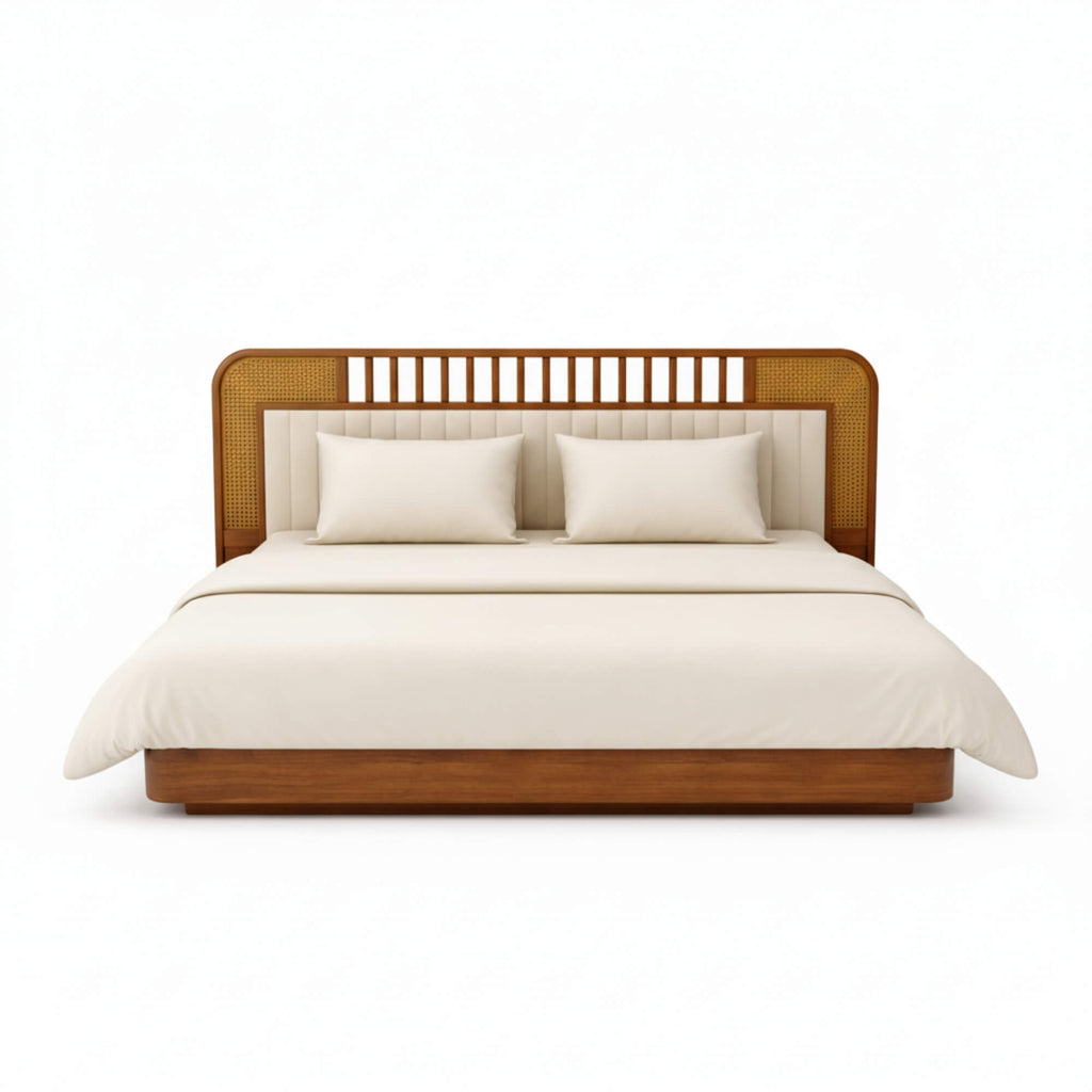 Bed with wooden headboard and white bedding on a white background