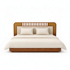 Bed with wooden headboard and white bedding on a white background