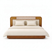 Bed with wooden headboard and white bedding on a white background