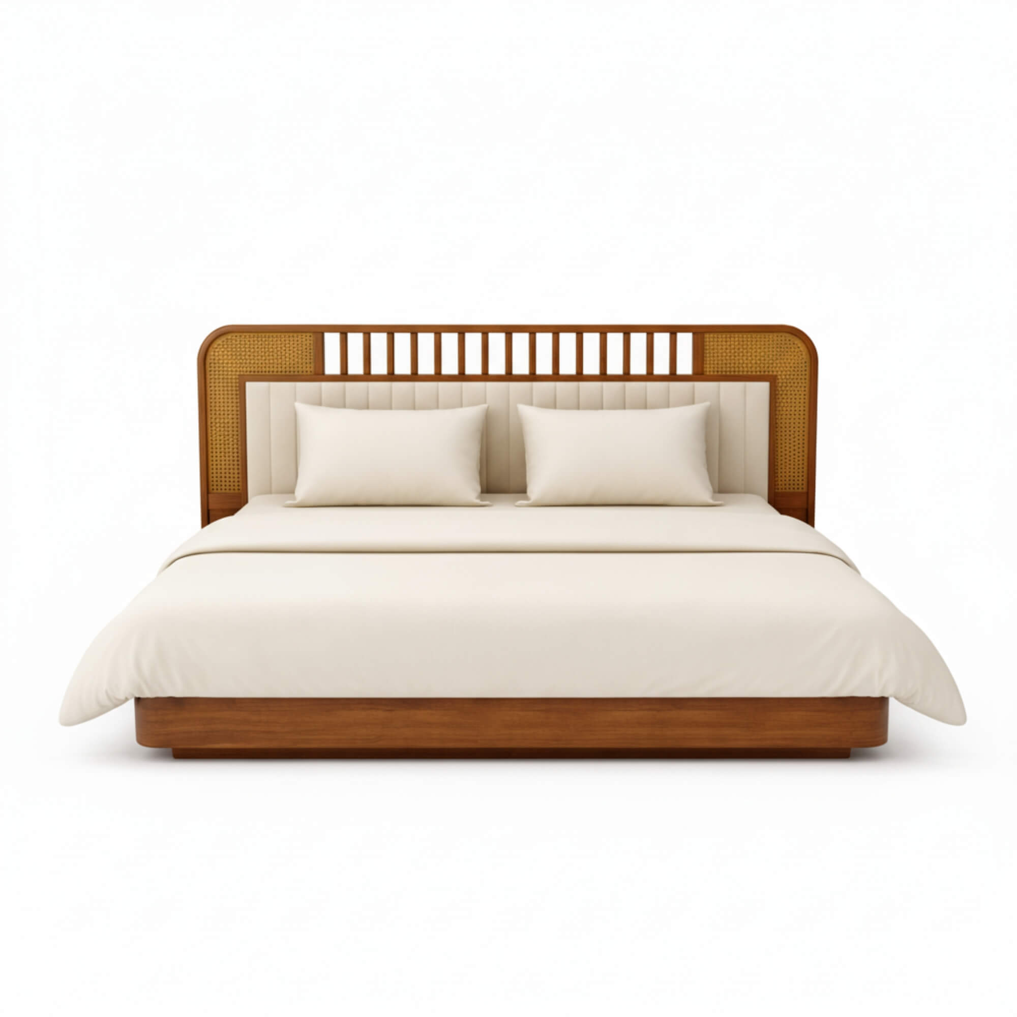 Bed with wooden headboard and white bedding on a white background