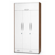 White wardrobe with brown base and silver handles on a white background