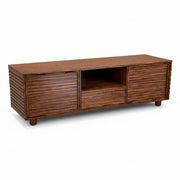 Wooden entertainment console with sliding doors on a white background