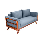 Gray sofa with wooden frame on a white background