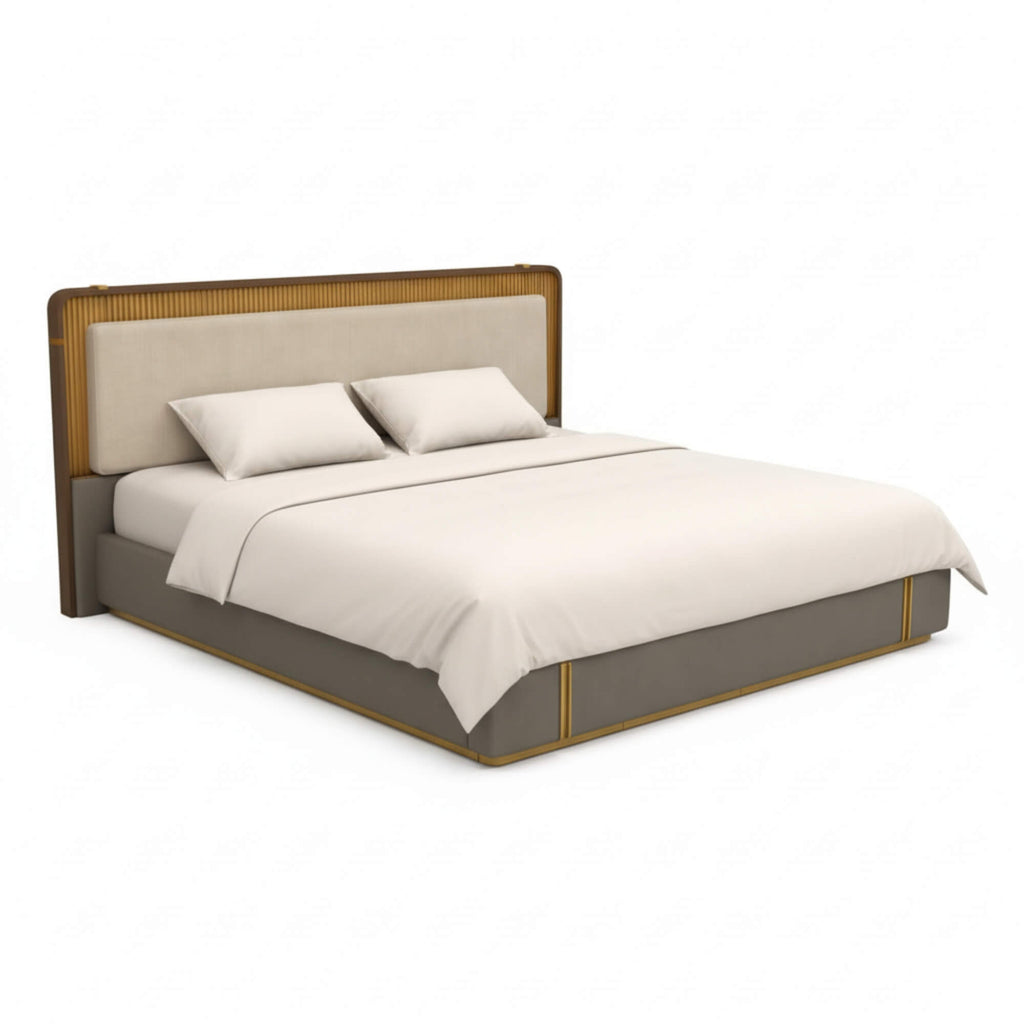 Bed with beige bedding and wooden headboard on a white background