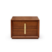 Wooden nightstand with two drawers and a gold handle on a white background