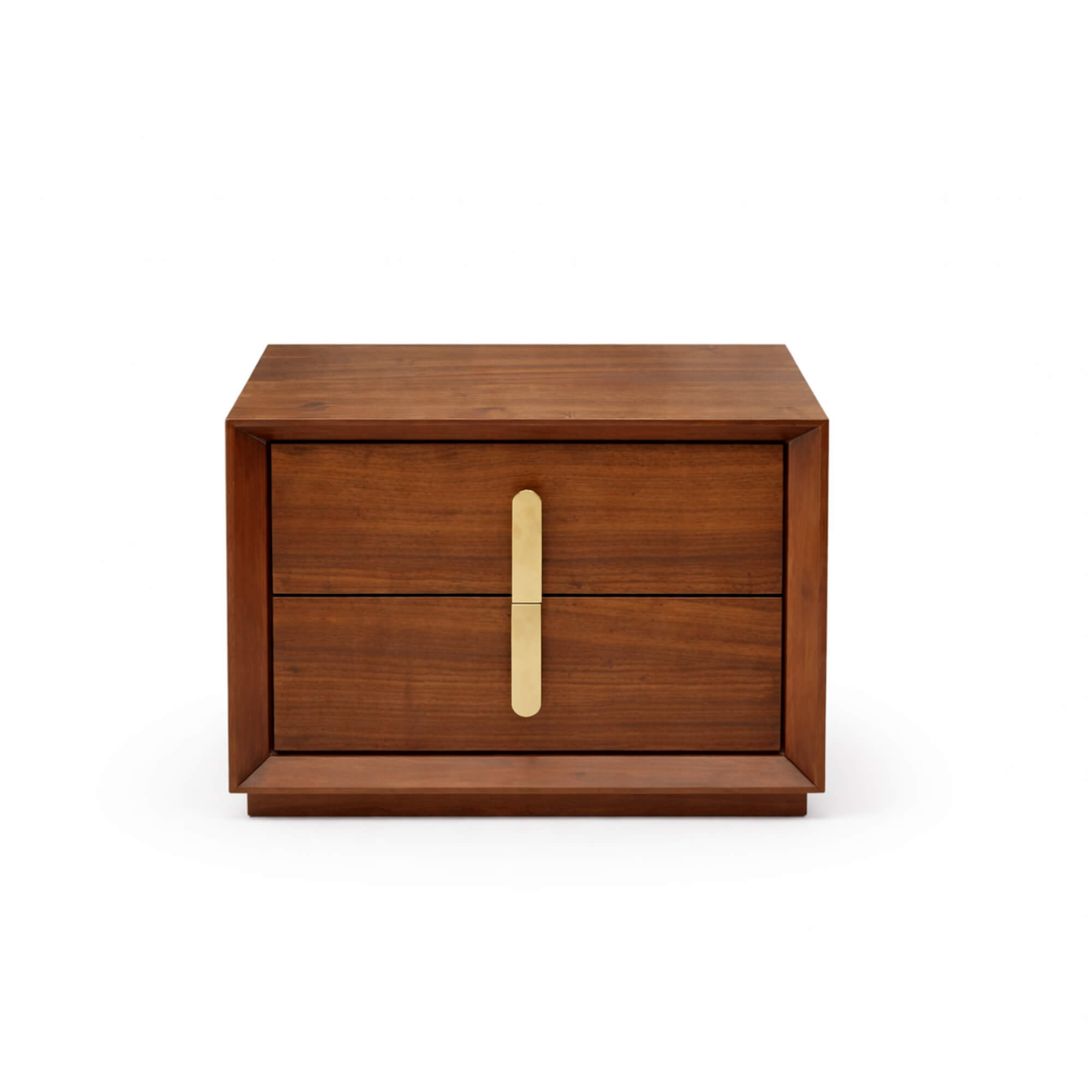 Wooden nightstand with two drawers and a gold handle on a white background
