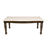 Comber white onyx marble dining table with carved teak base, front view