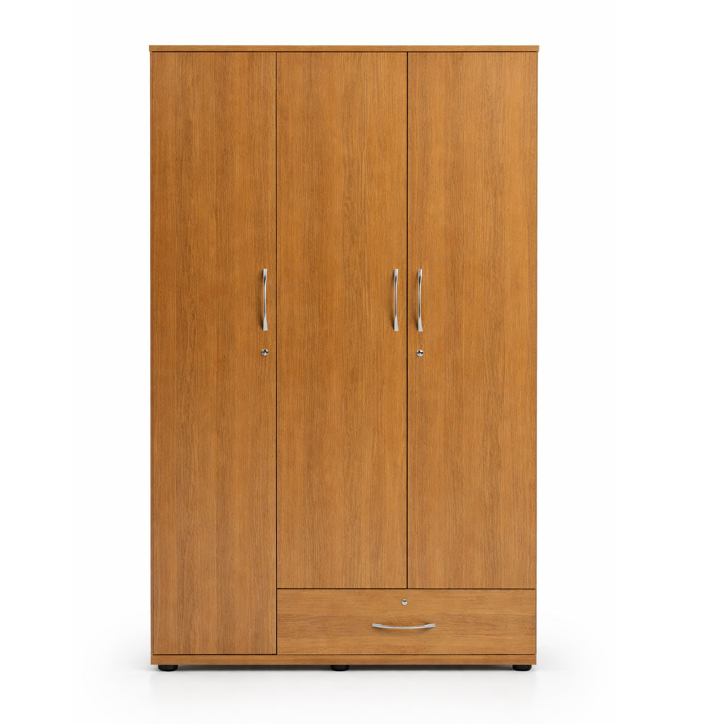 Wooden wardrobe with three doors and a drawer on a white background