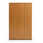 Wooden wardrobe with three doors and a drawer on a white background