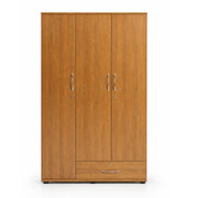 Wooden wardrobe with three doors and a drawer on a white background