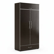 Dark wooden wardrobe with two doors and a drawer on a white background