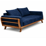 Blue sofa with wooden frame on a white background