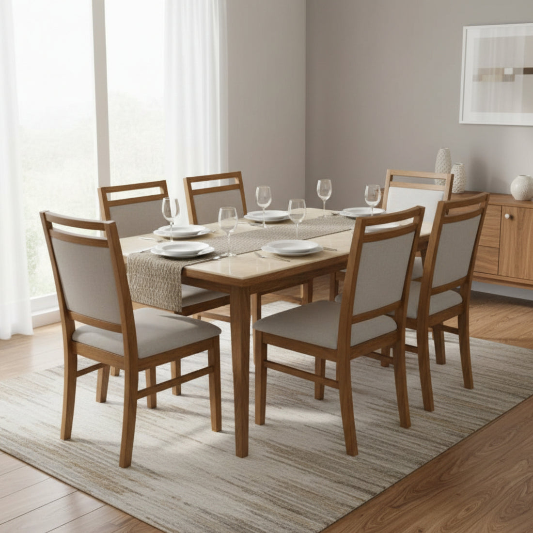 U1 6-Seater Marble Dining Table Set  Solid Wood Dining Table with Fabric Chairs