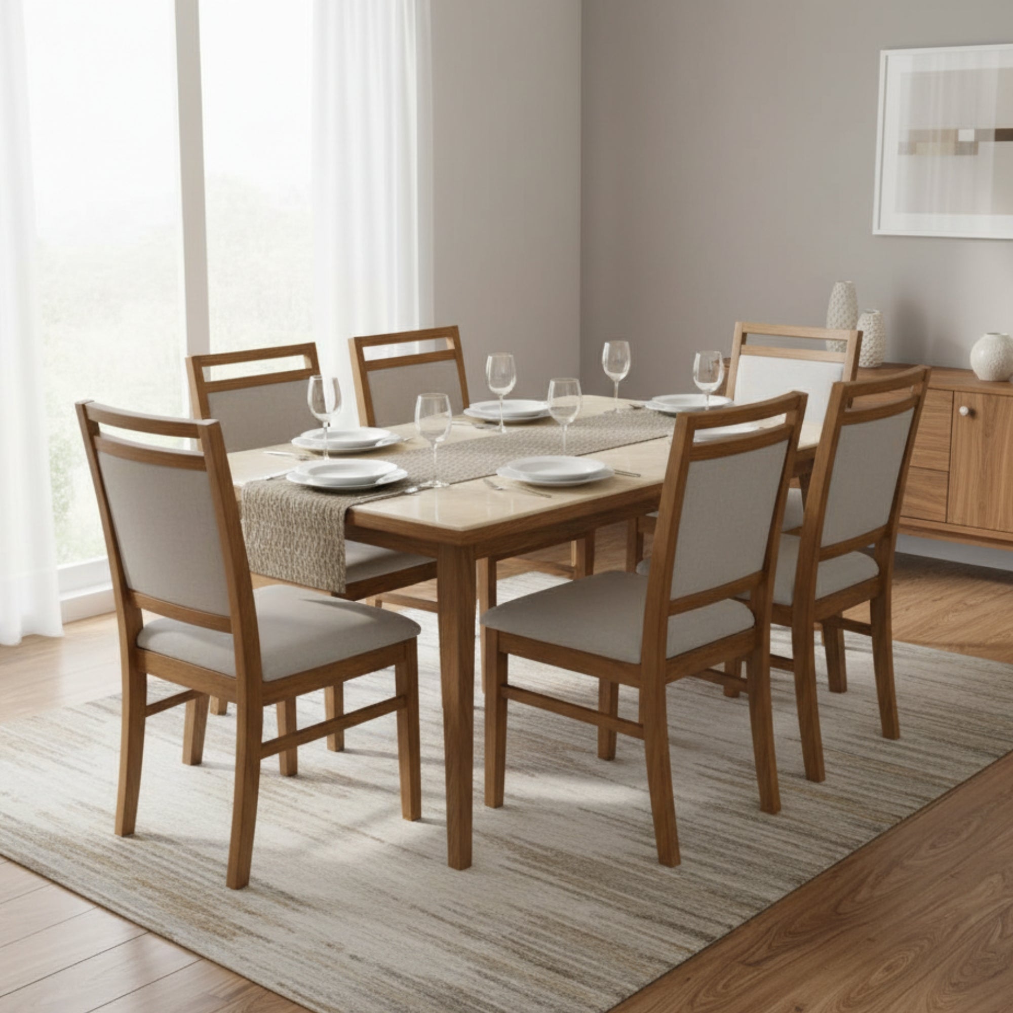 U1 6-Seater Marble Dining Table Set – Solid Wood Dining Table with Fabric Chairs