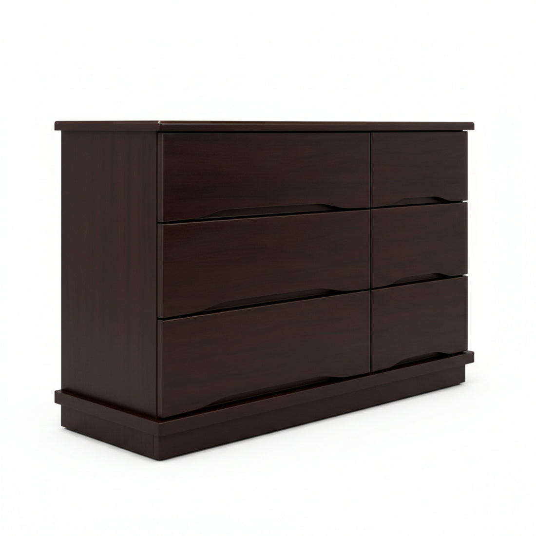 Dark brown dresser with four drawers on a white background