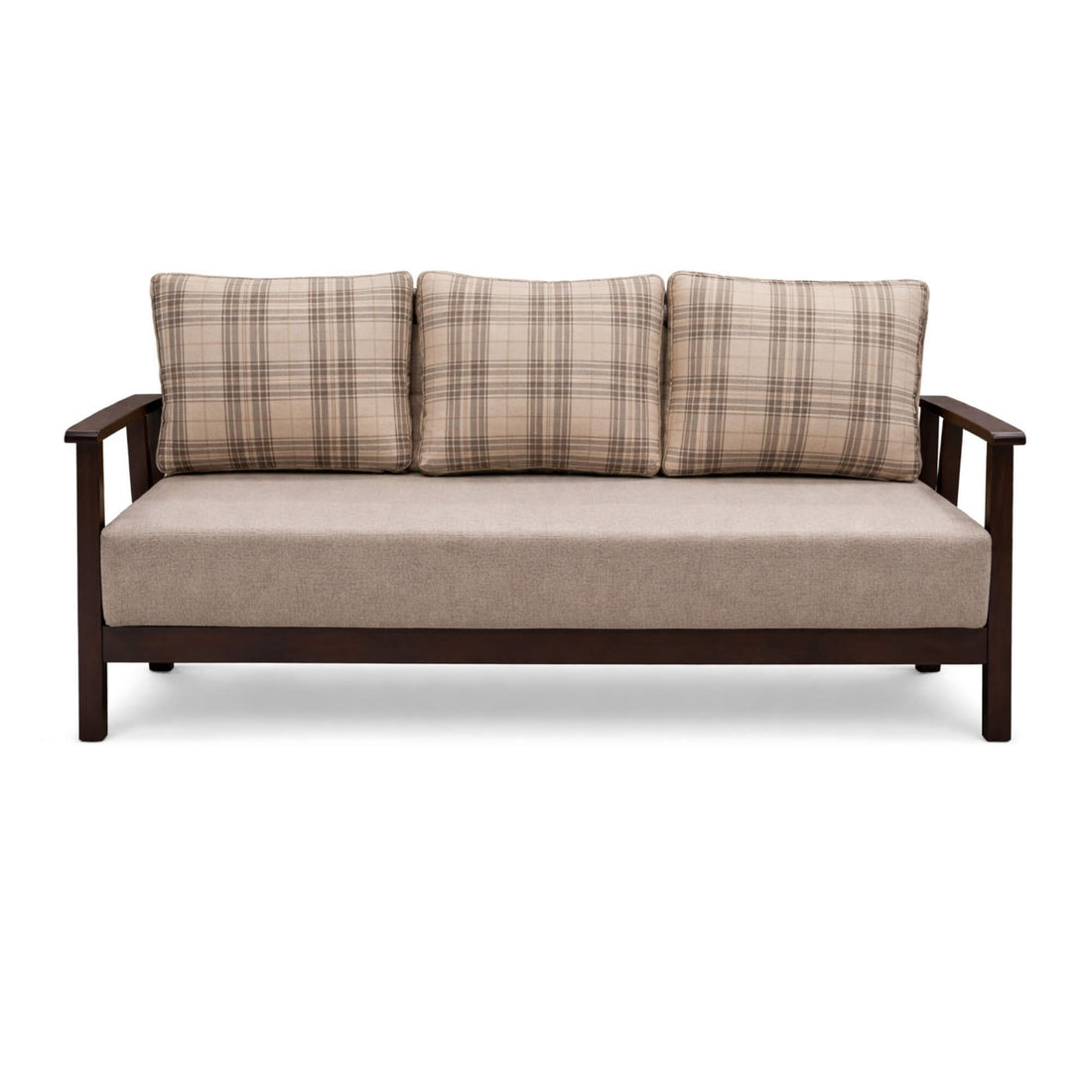 Sofa with plaid cushions on a white background