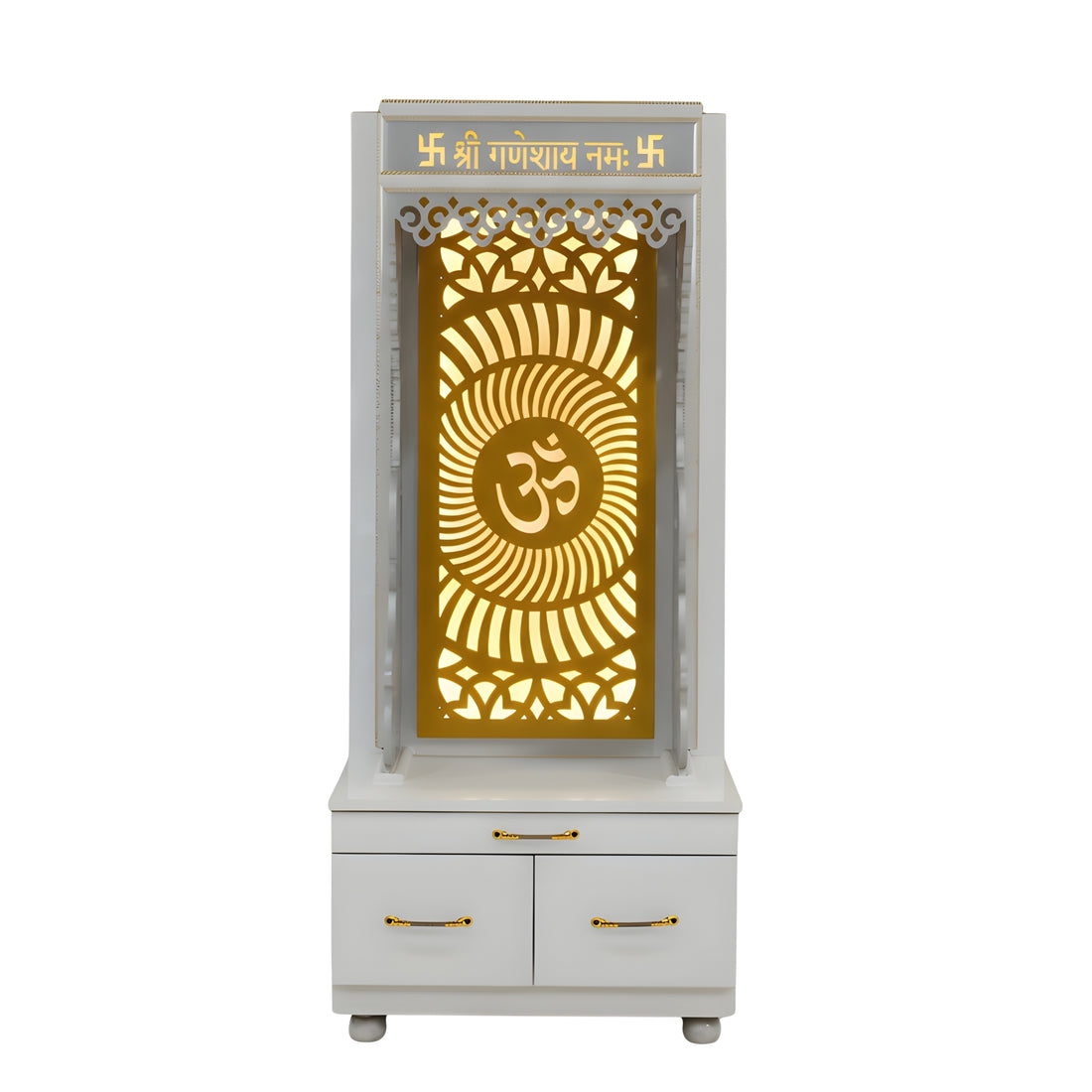 Golden Om Temple - Wooden Pooja Mandir with Storage