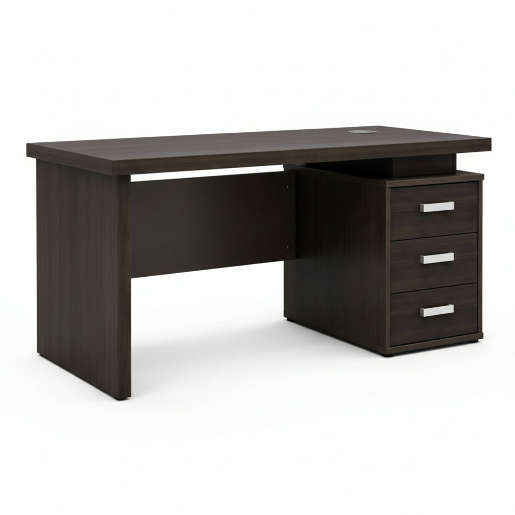 Dark wood office desk with a file cabinet on a white background