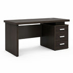 Dark wood office desk with a file cabinet on a white background