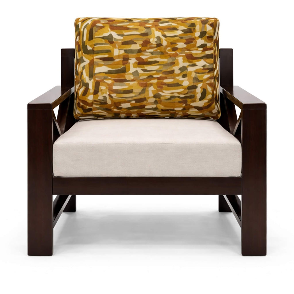 Chair with a patterned cushion on a white background