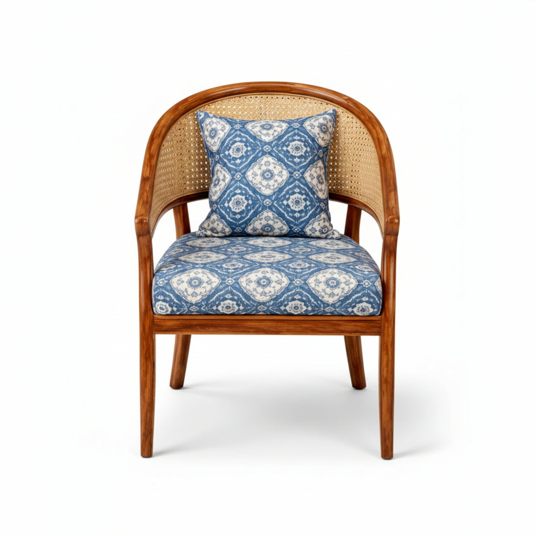 Chair with blue patterned cushion on a white background