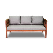 Wooden sofa with gray cushions on a white background