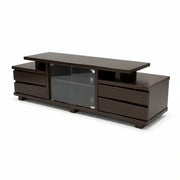 Dark brown TV stand with glass panel on a white background
