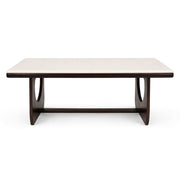 Pixel white onyx marble dining table with walnut base, front view