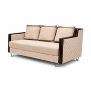 Beige sofa with quilted design and brown accents on a white background