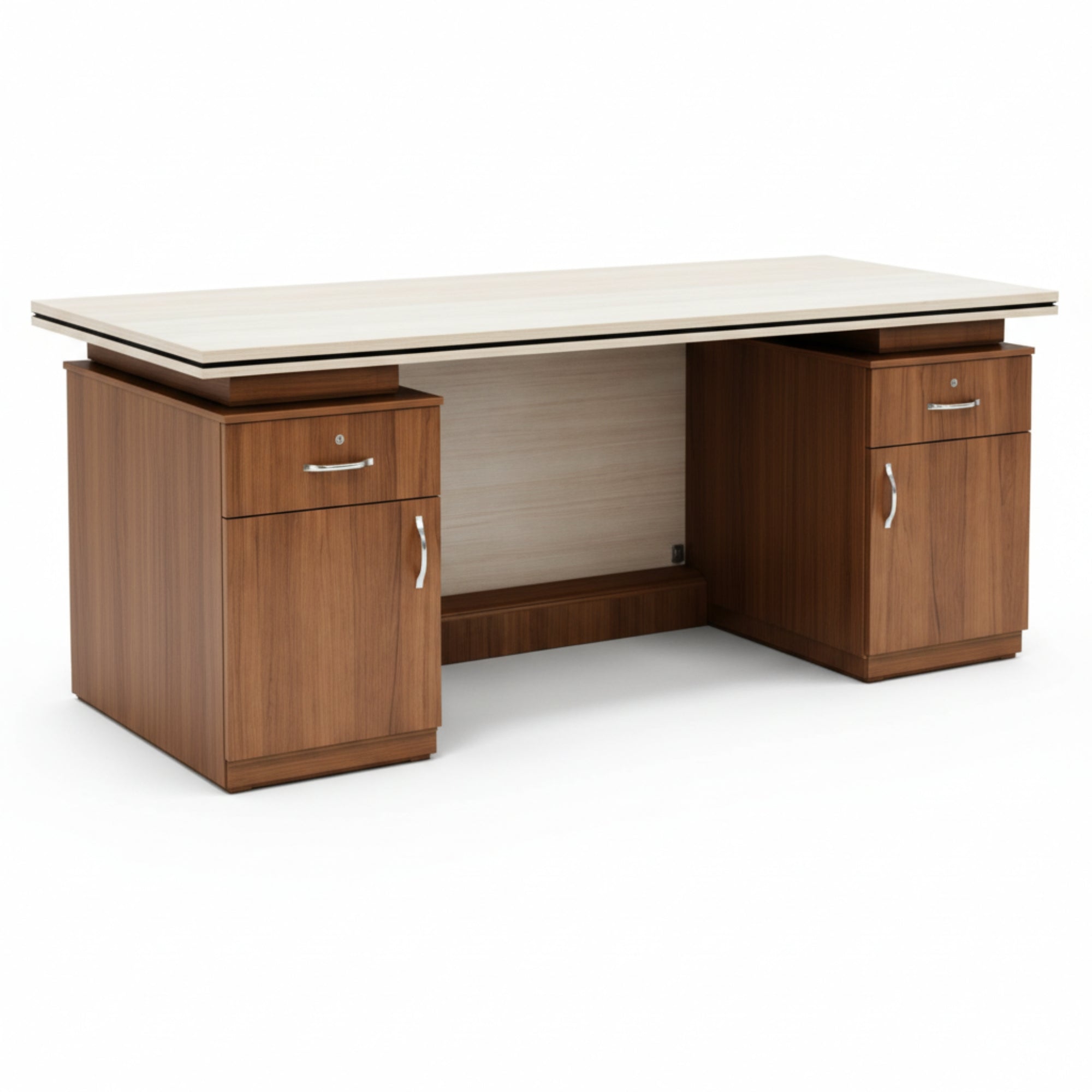 Wooden desk with a white top on a white background