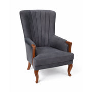 Gray armchair with wooden armrests and legs on a white background