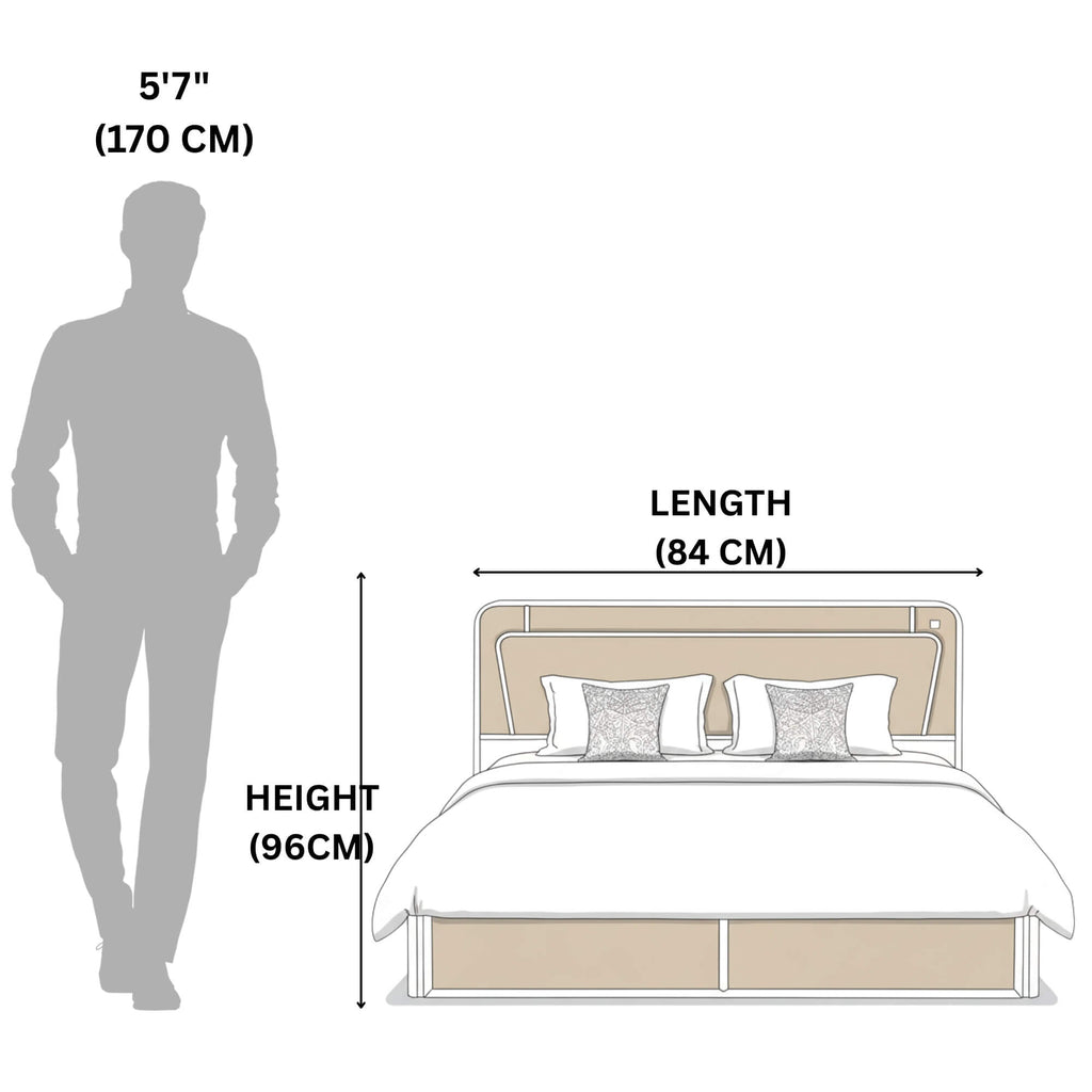 Bed dimensions shown with a human figure for scale on a white background