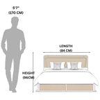 Bed dimensions shown with a human figure for scale on a white background
