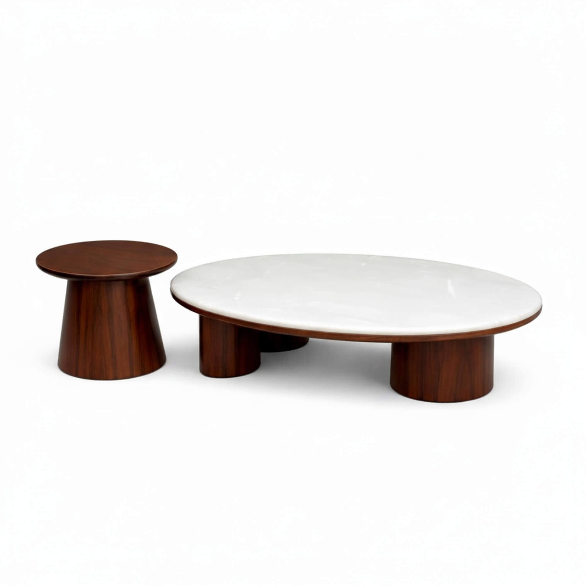 Two wooden tables, one round and one cylindrical, on a white background
