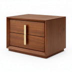 Wooden nightstand with two drawers and a gold handle on a white background