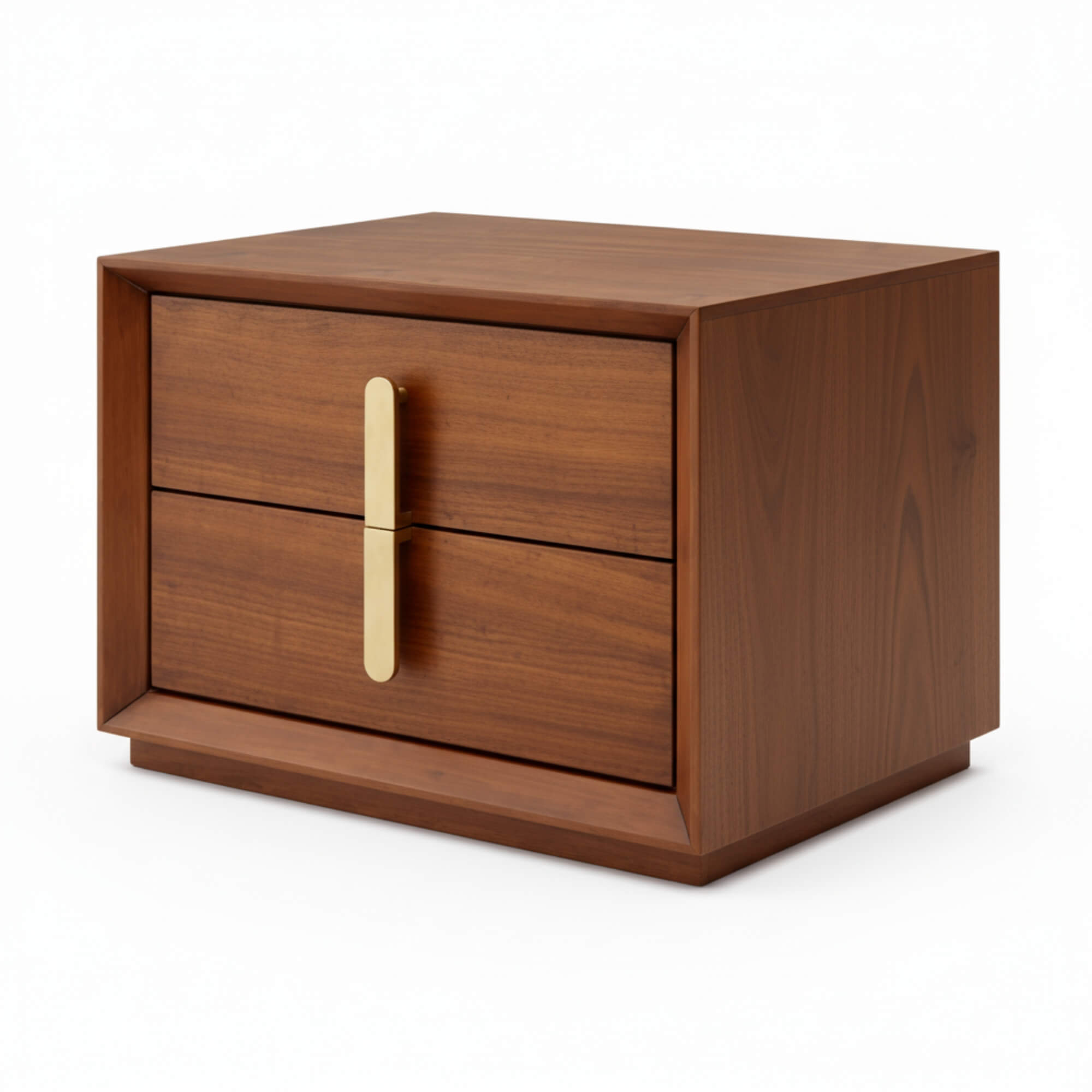 Wooden nightstand with two drawers and a gold handle on a white background