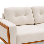 Beige sofa with wooden armrests on a white background