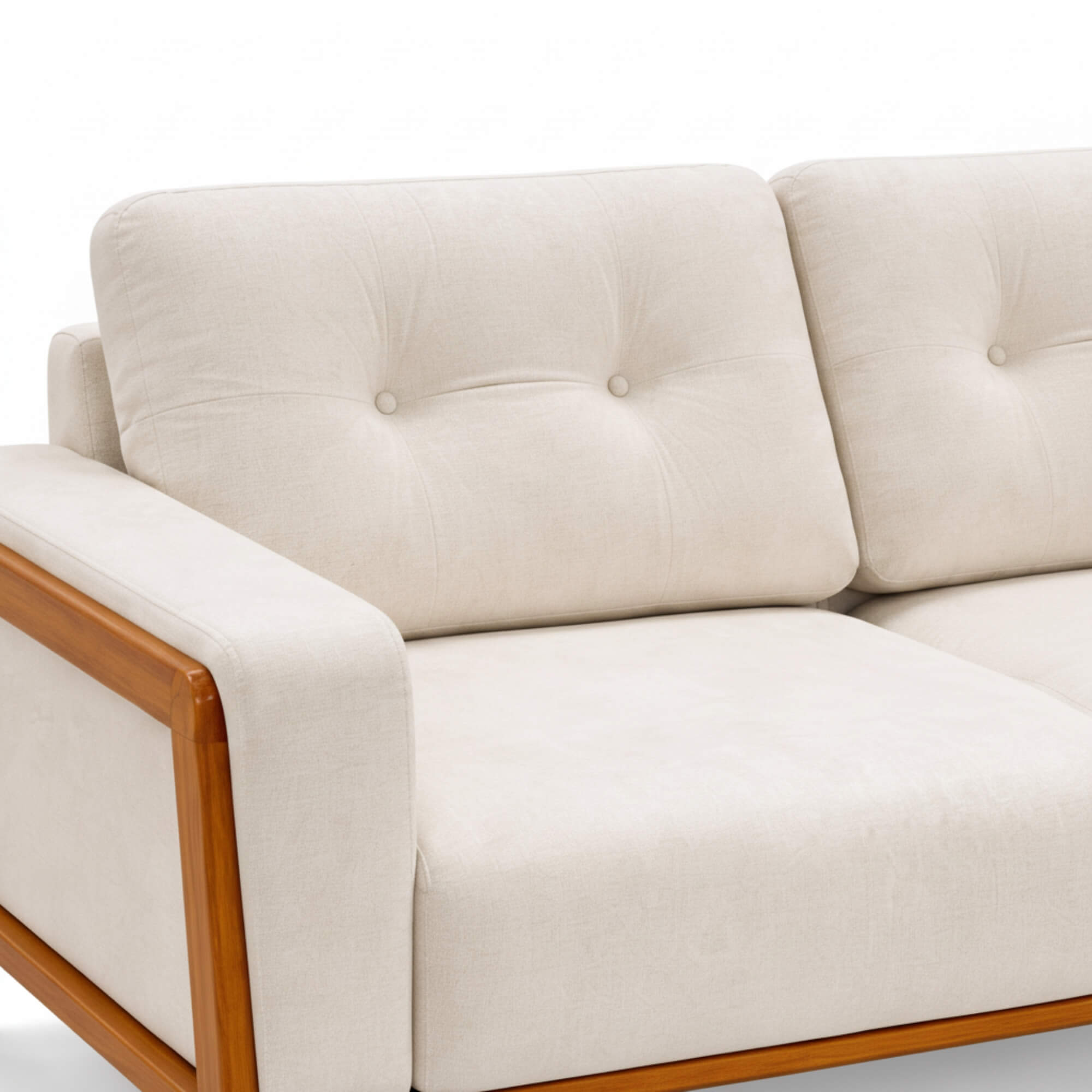 Beige sofa with wooden armrests on a white background