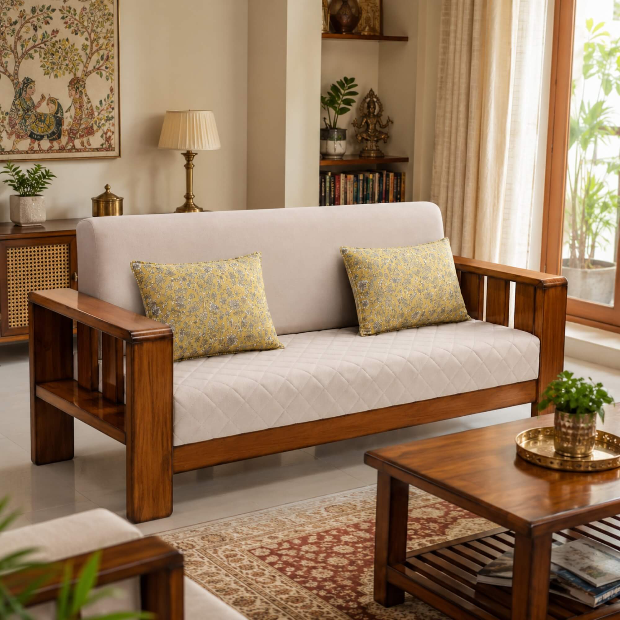 Nicco 3 Seater Sofa- Solid Wood Frame with Quilted Upholstery & Timeless Comfort