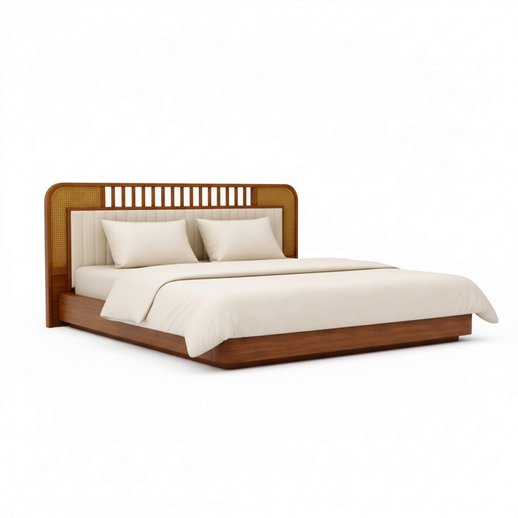 Wooden bed with white bedding on a white background
