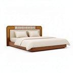 Wooden bed with white bedding on a white background