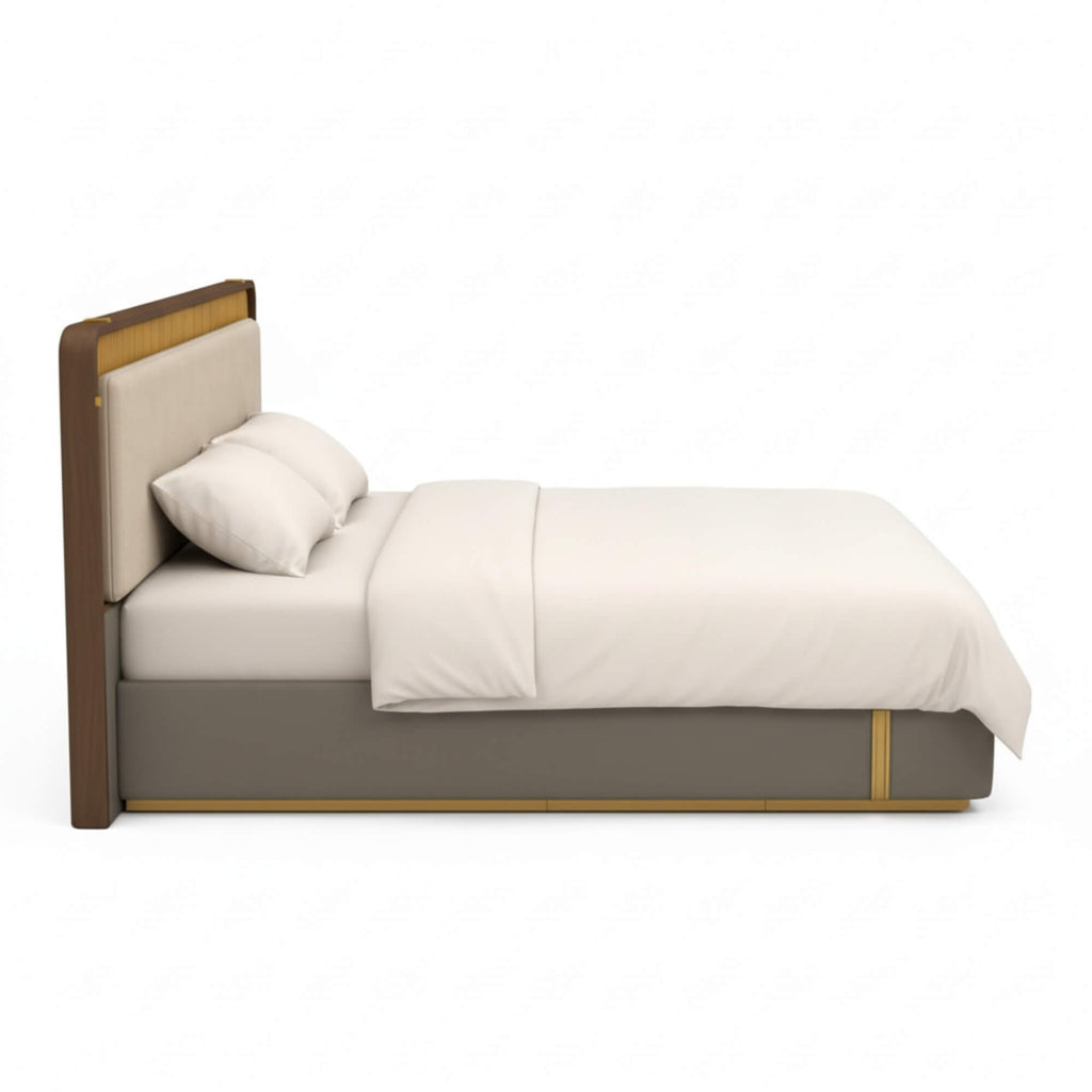 Modern bed with wooden frame and white bedding on a white background