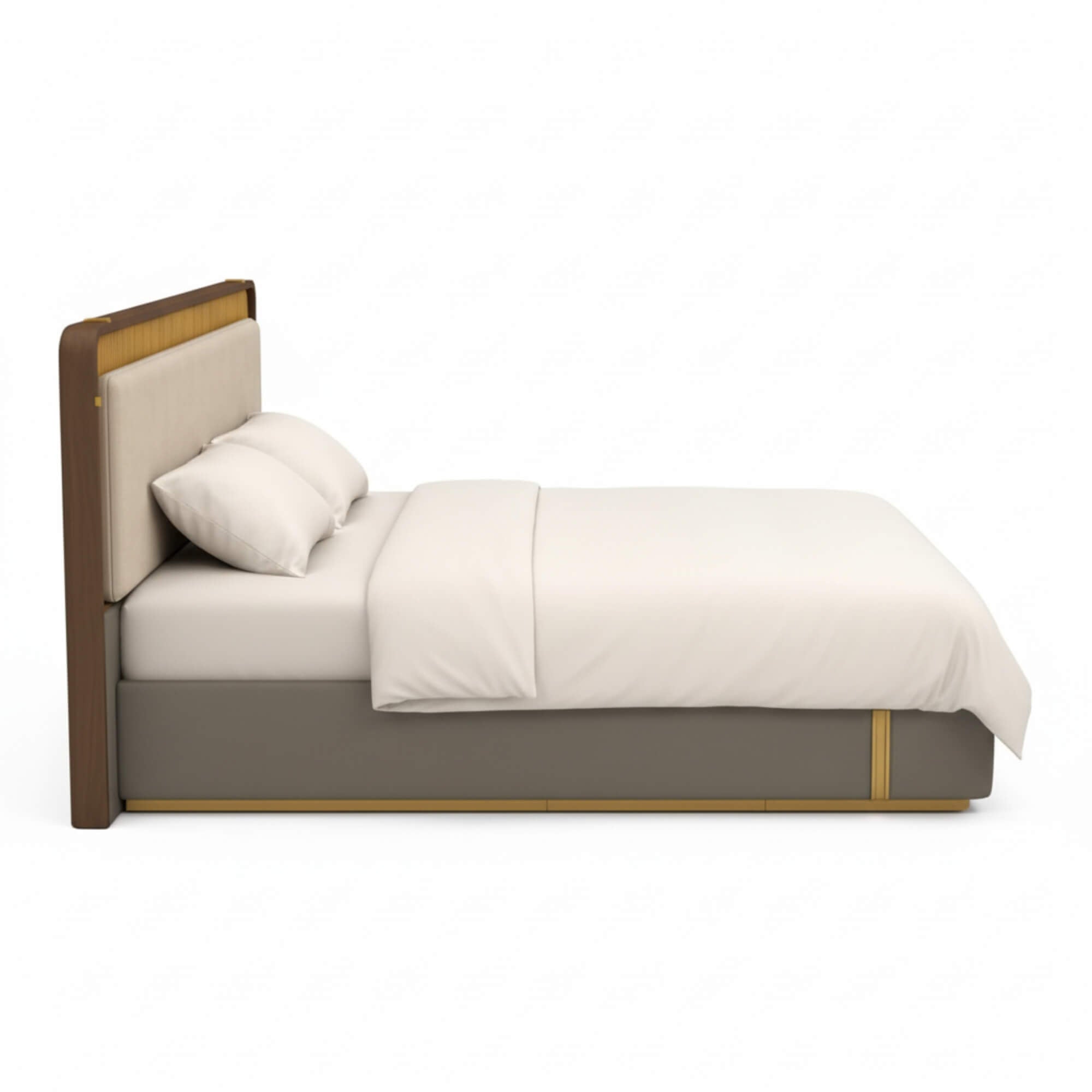 Modern bed with wooden frame and white bedding on a white background