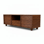 Wooden entertainment console with slatted design on a white background