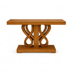 Wooden console table with decorative base on a white background
