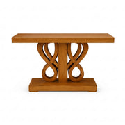 Wooden console table with decorative base on a white background