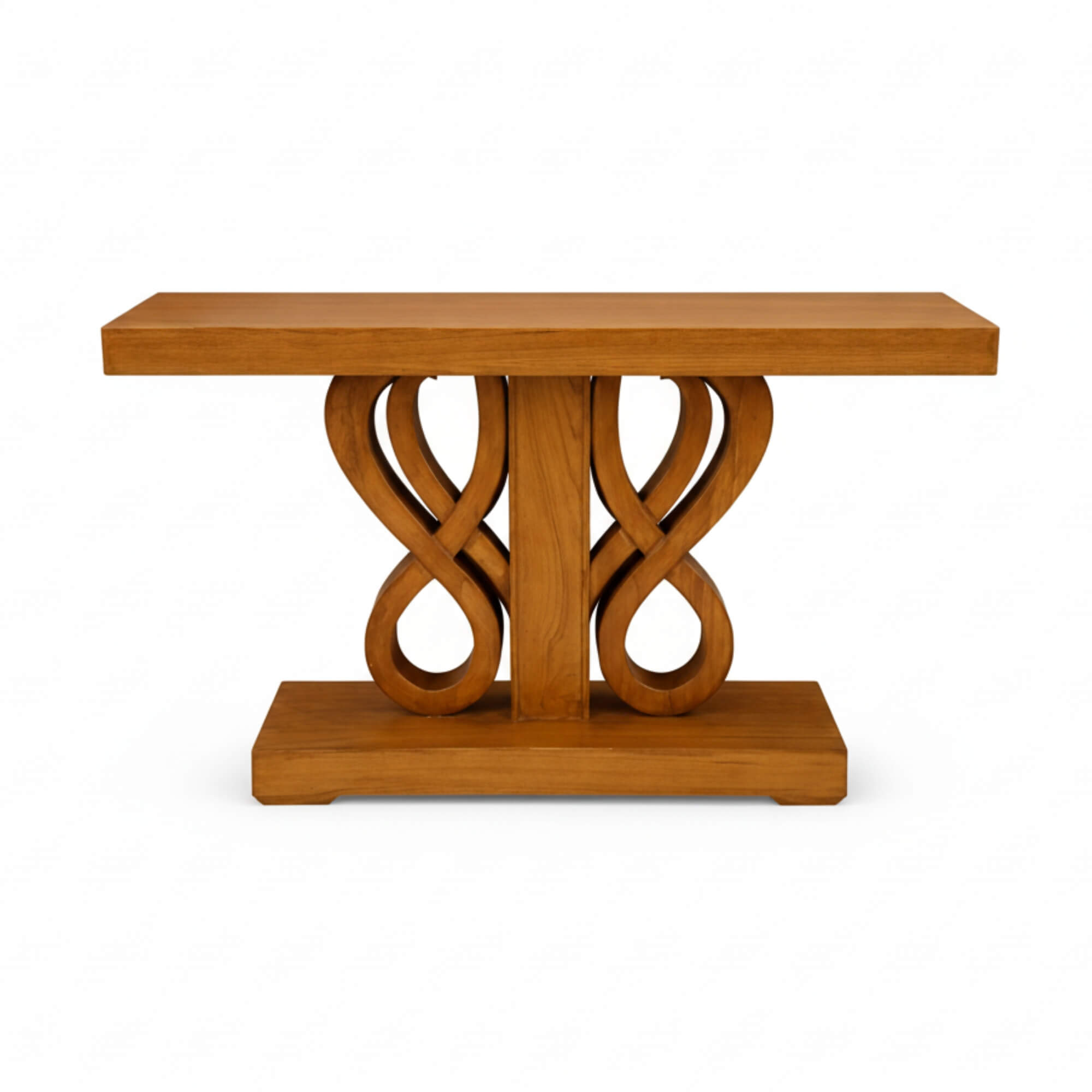 Wooden console table with decorative base on a white background