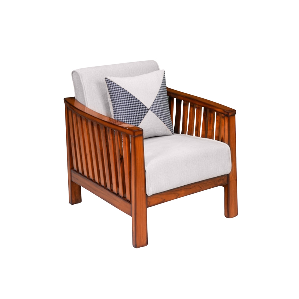 Wooden armchair with white cushion and checkered pillow on a white background
