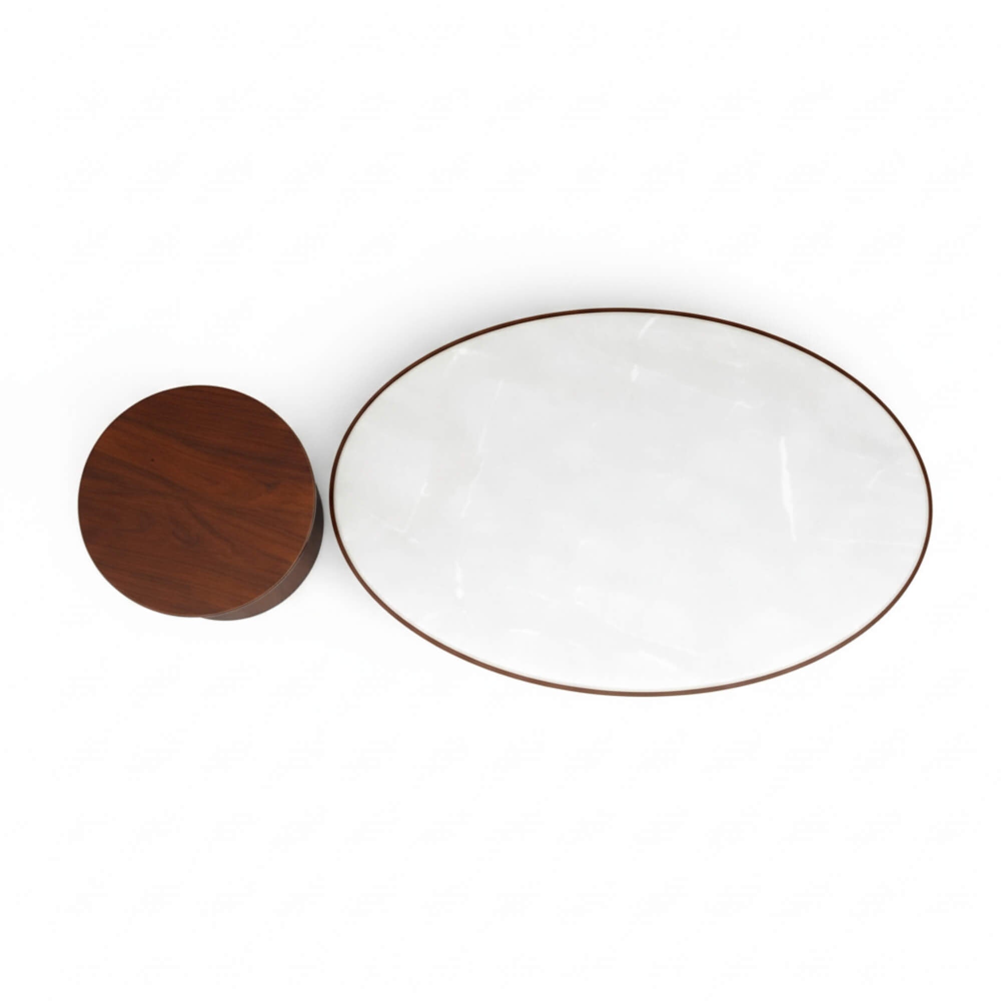 White ceramic plate with gold rim and wooden lid on a white background